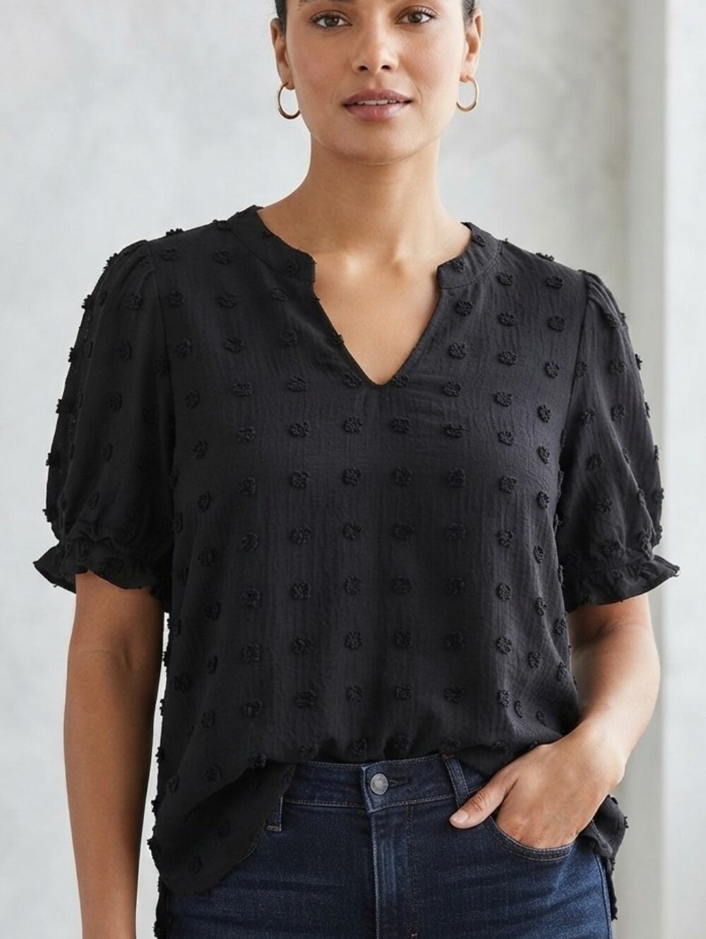 Black Swiss Dot Textured Puff Sleeve Blouse Size Large